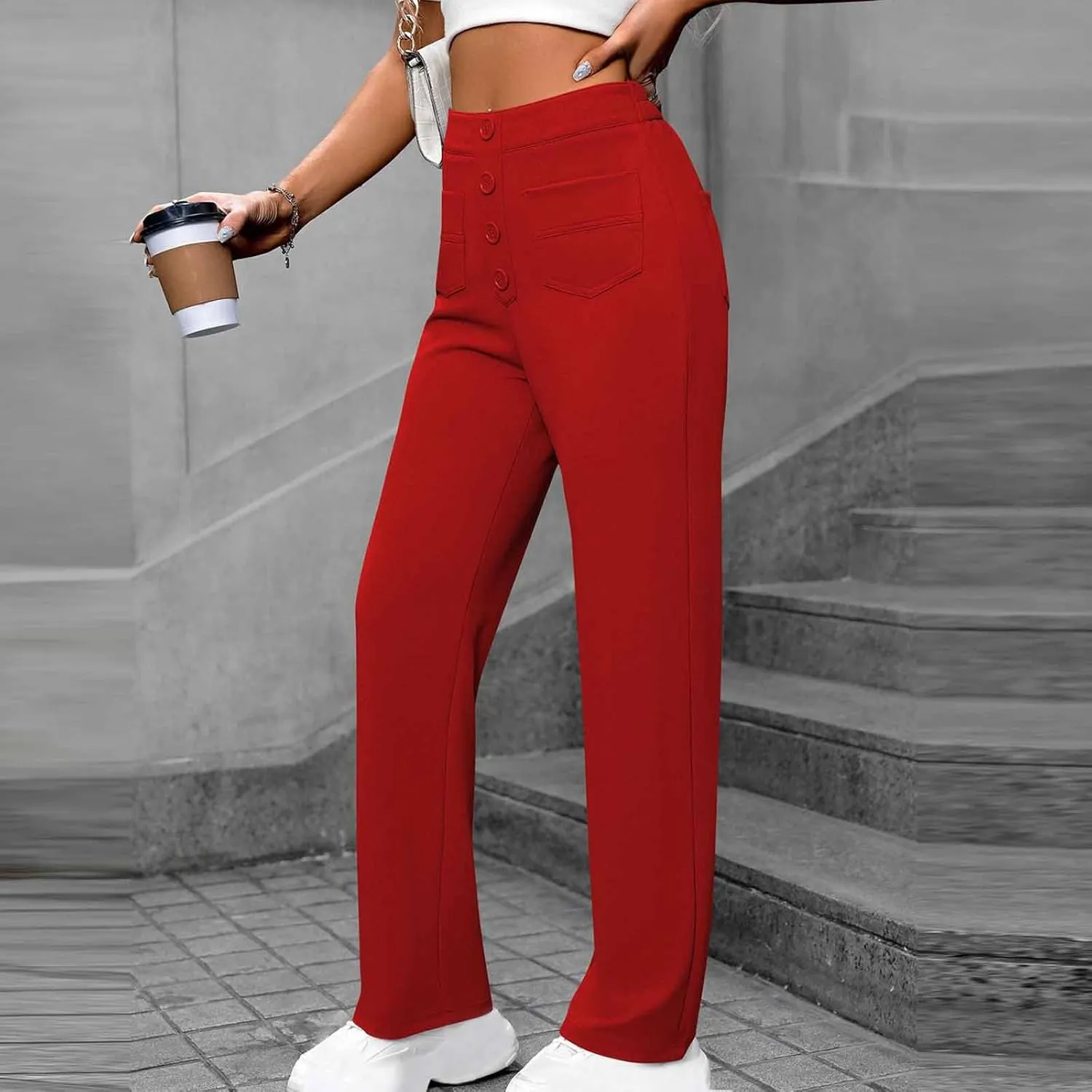 Business Pants for Women High Waisted Button Stretchy Work Trousers Solid Color Loose Straight Leg Pant with Pockets