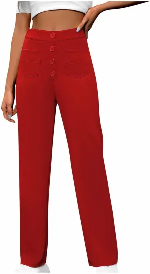 Business Pants for Women High Waisted Button Stretchy Work Trousers Solid Color Loose Straight Leg Pant with Pockets