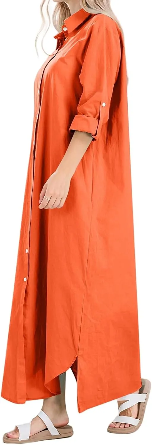 Button Down Dress for Women Cotton Summer Long Dresses Casual Loose Split Long Sleeve Maxi Shirt Dress Sundress Pocket