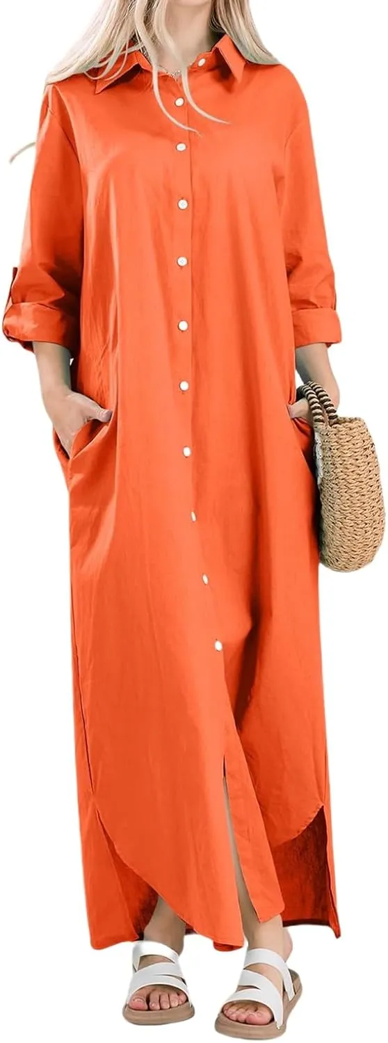 Button Down Dress for Women Cotton Summer Long Dresses Casual Loose Split Long Sleeve Maxi Shirt Dress Sundress Pocket