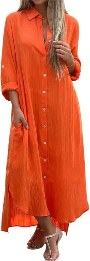 Button Down Dress for Women Cotton Summer Long Dresses Casual Loose Split Long Sleeve Maxi Shirt Dress Sundress Pocket