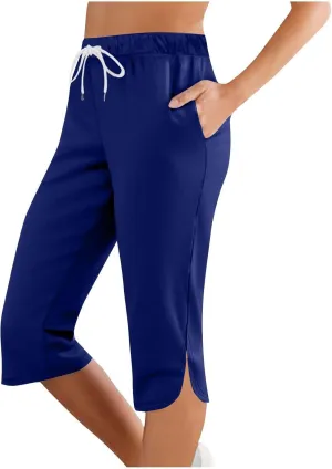 Capri Pants for Women Casual Summer Drawstring Elastic Waist Straight Leg Yoga Pants Cropped Trousers with Pockets