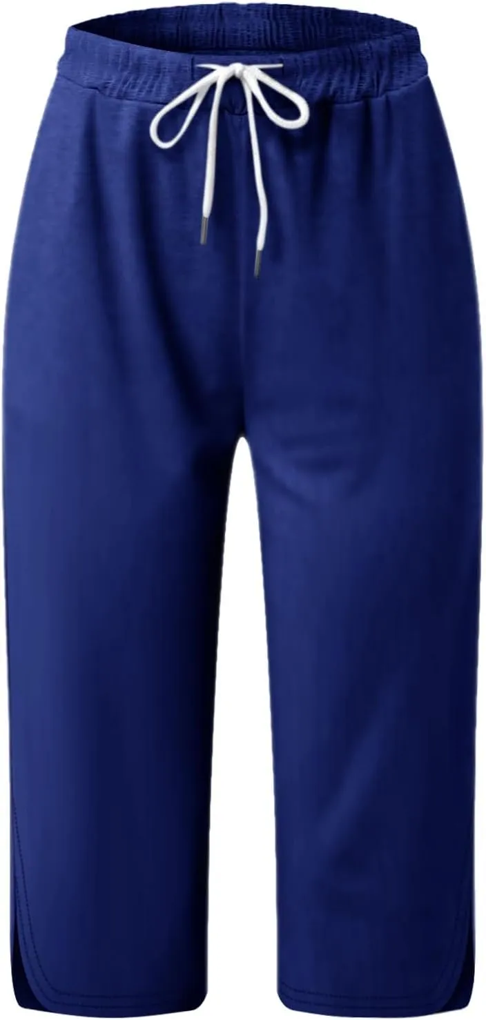 Capri Pants for Women Casual Summer Drawstring Elastic Waist Straight Leg Yoga Pants Cropped Trousers with Pockets