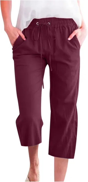 Capri Pants Women Drawstring Linen Pant Elastic Waist Straight Wide Leg Cropped Pants Loose Casual Trousers