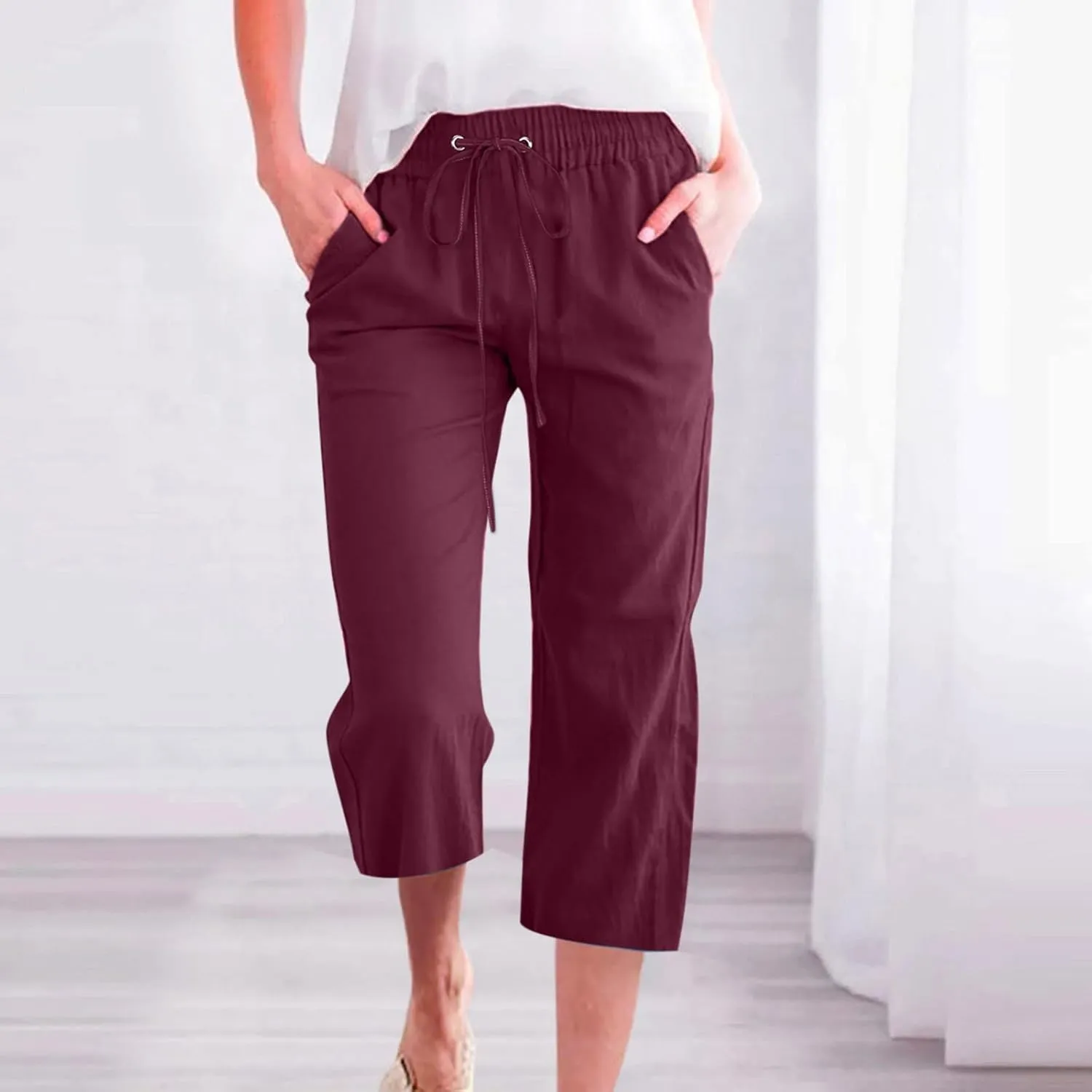 Capri Pants Women Drawstring Linen Pant Elastic Waist Straight Wide Leg Cropped Pants Loose Casual Trousers