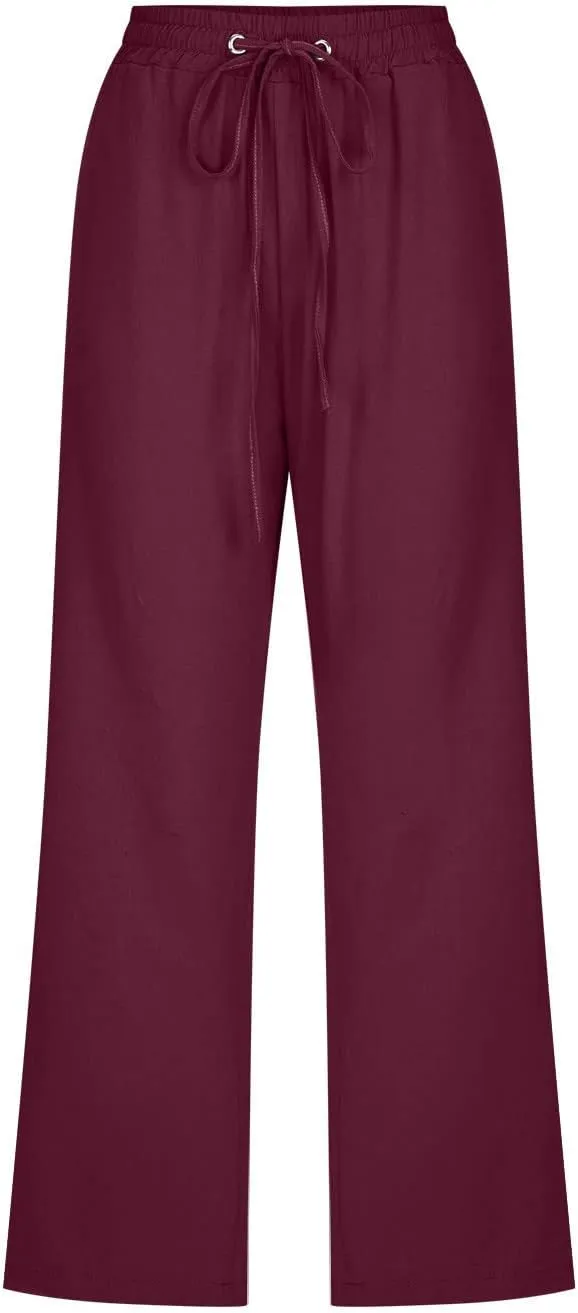 Capri Pants Women Drawstring Linen Pant Elastic Waist Straight Wide Leg Cropped Pants Loose Casual Trousers