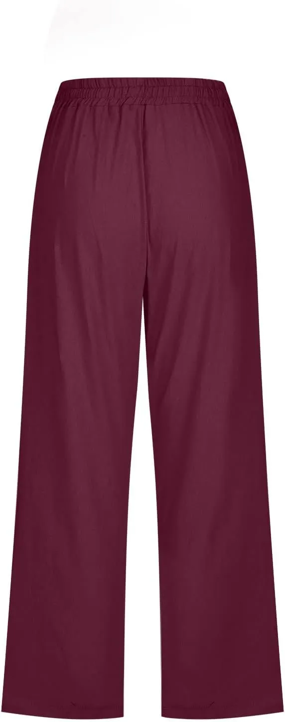 Capri Pants Women Drawstring Linen Pant Elastic Waist Straight Wide Leg Cropped Pants Loose Casual Trousers
