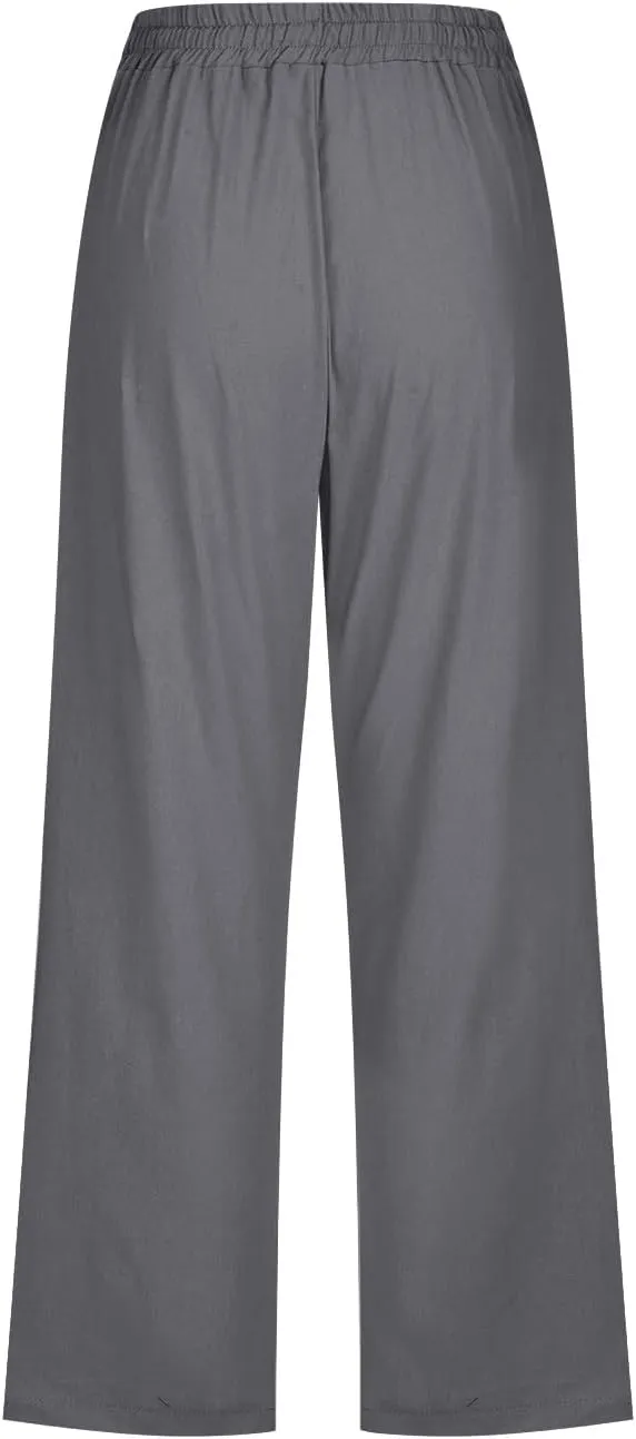 Capris Pants for Women Cotton Linen Casual Summer Wide/Straight Leg Loose Drawstring Elastic Waist Cropped Trousers