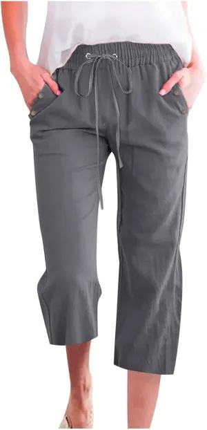 Capris Pants for Women Cotton Linen Casual Summer Wide/Straight Leg Loose Drawstring Elastic Waist Cropped Trousers