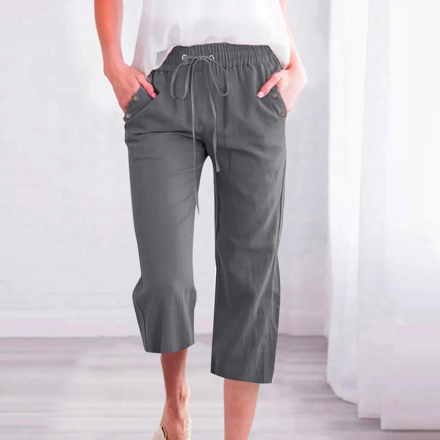 Capris Pants for Women Cotton Linen Casual Summer Wide/Straight Leg Loose Drawstring Elastic Waist Cropped Trousers