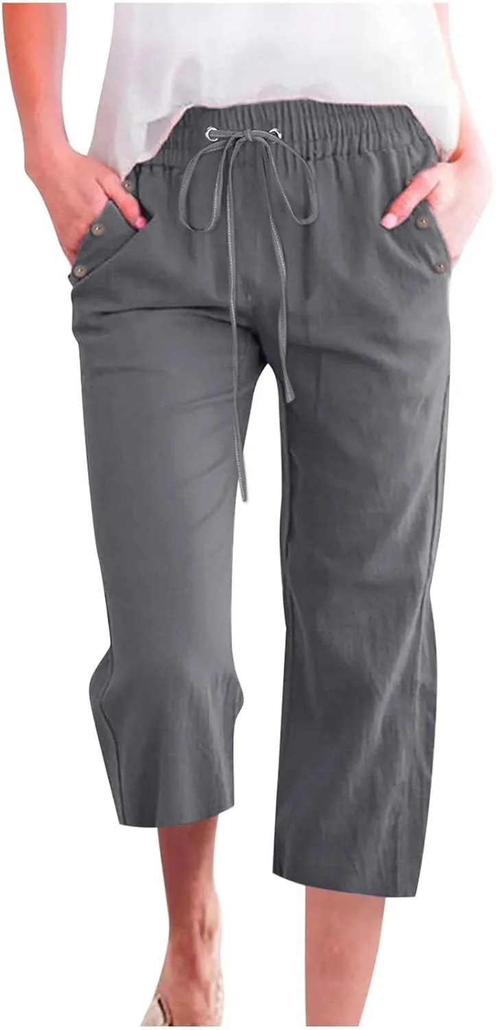 Capris Pants for Women Cotton Linen Casual Summer Wide/Straight Leg Loose Drawstring Elastic Waist Cropped Trousers