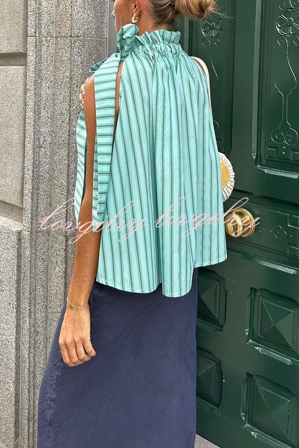 Casual Loose Ruffle Lace-up Collar Sleeveless Striped Top