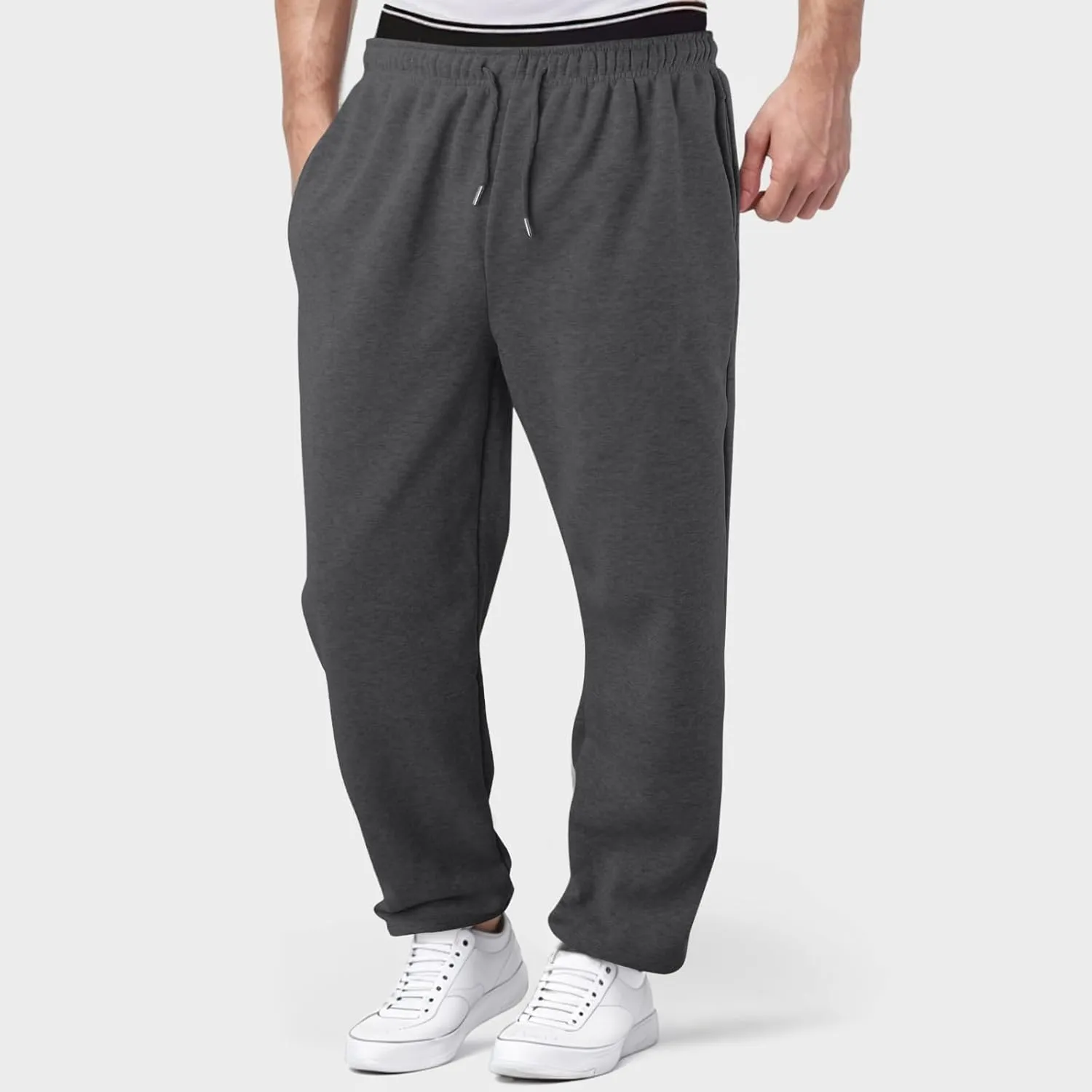Casual Pants for Men Mid Waist Straight Leg Sweatpants Solid Drawstring Joggers Pants Lightweight Leisure Trousers