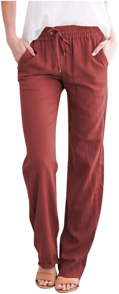 Casual Pants for Women 2024 Boho Trendy Casual Pants Drawstring Wide Leg Beach Pants Vacation Summer Travel Clothing
