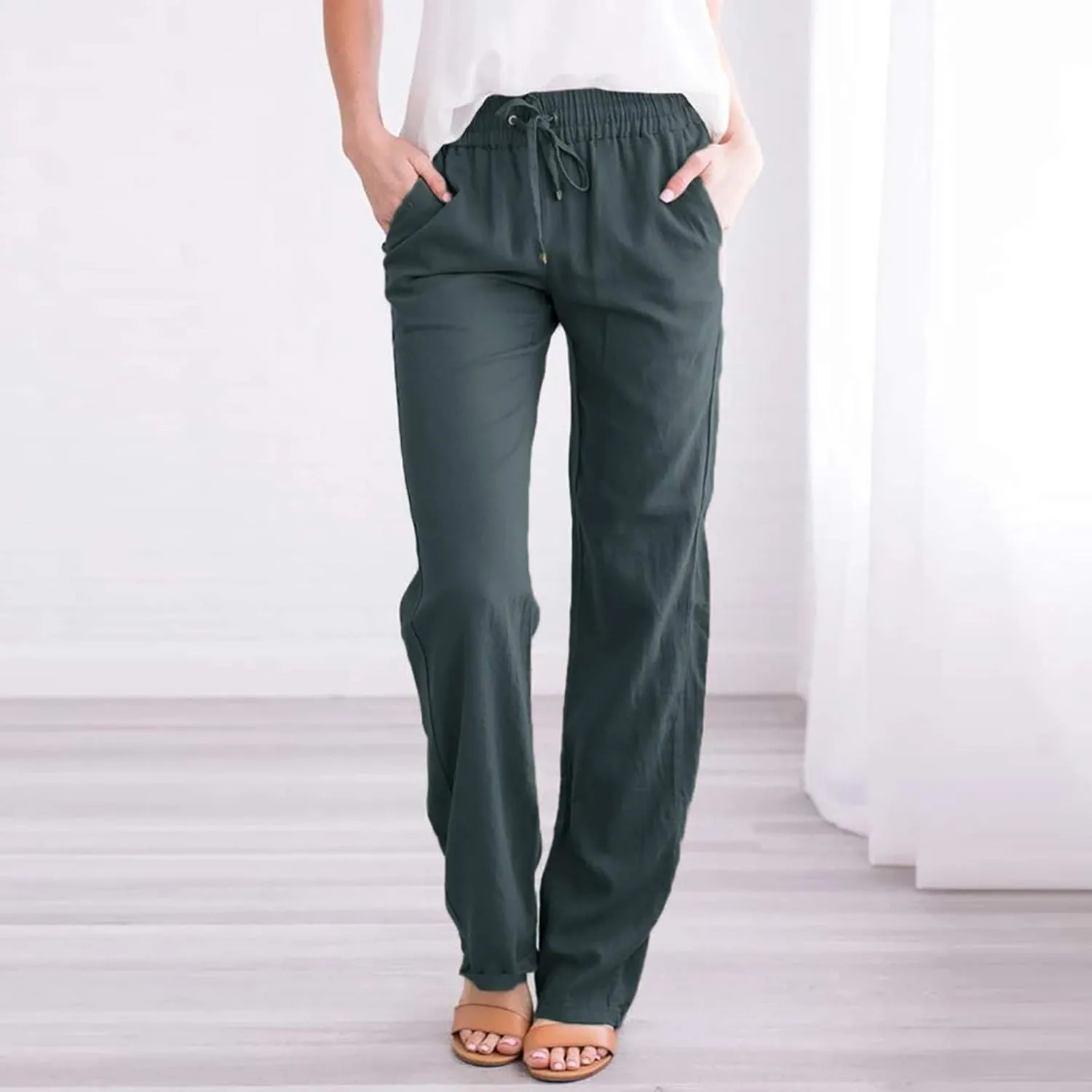 Casual Pants for Women 2024 Boho Trendy Casual Pants Drawstring Wide Leg Beach Pants Vacation Summer Travel Clothing