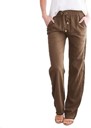 Casual Pants for Women Loose Solid Color Elastic High Waist Straight Leg Pant Drawstring Sport Trousers with Pocket