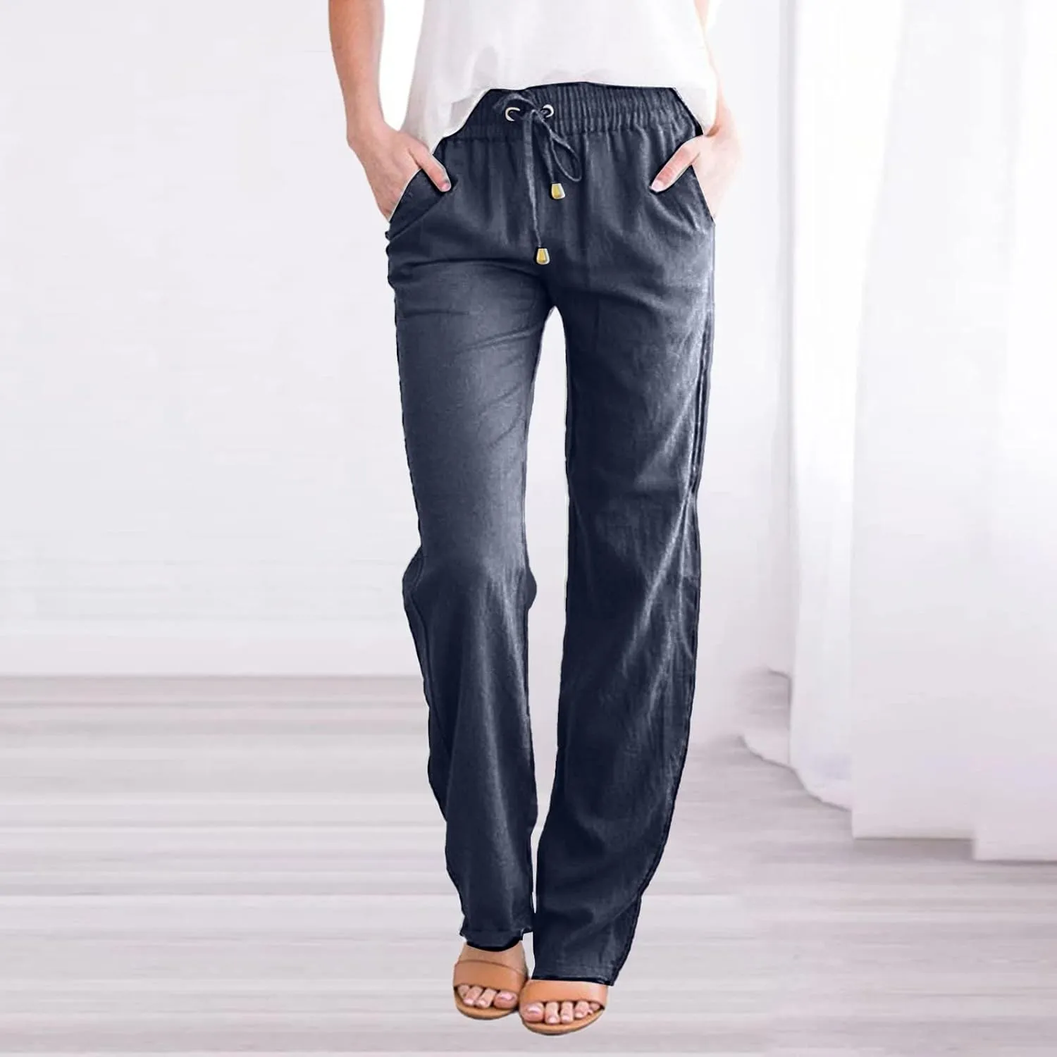 Casual Pants for Women Loose Solid Color Elastic High Waist Straight Leg Pant Drawstring Sport Trousers with Pocket