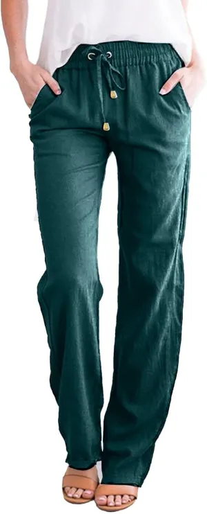 Casual Pants for Women Loose Solid Color Elastic High Waist Straight Leg Pant Drawstring Sport Trousers with Pocket