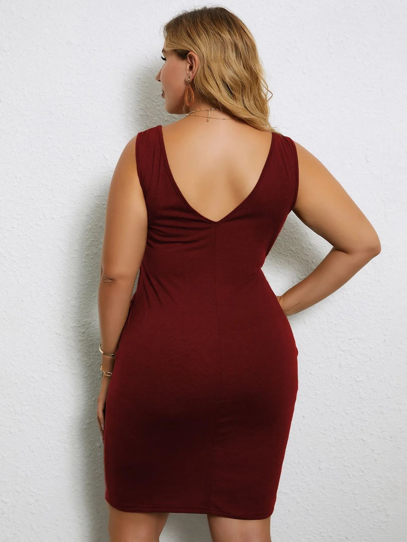 Casual Plain Backless Sleeveless V Neck Straight Knee Length Plus Size Dress