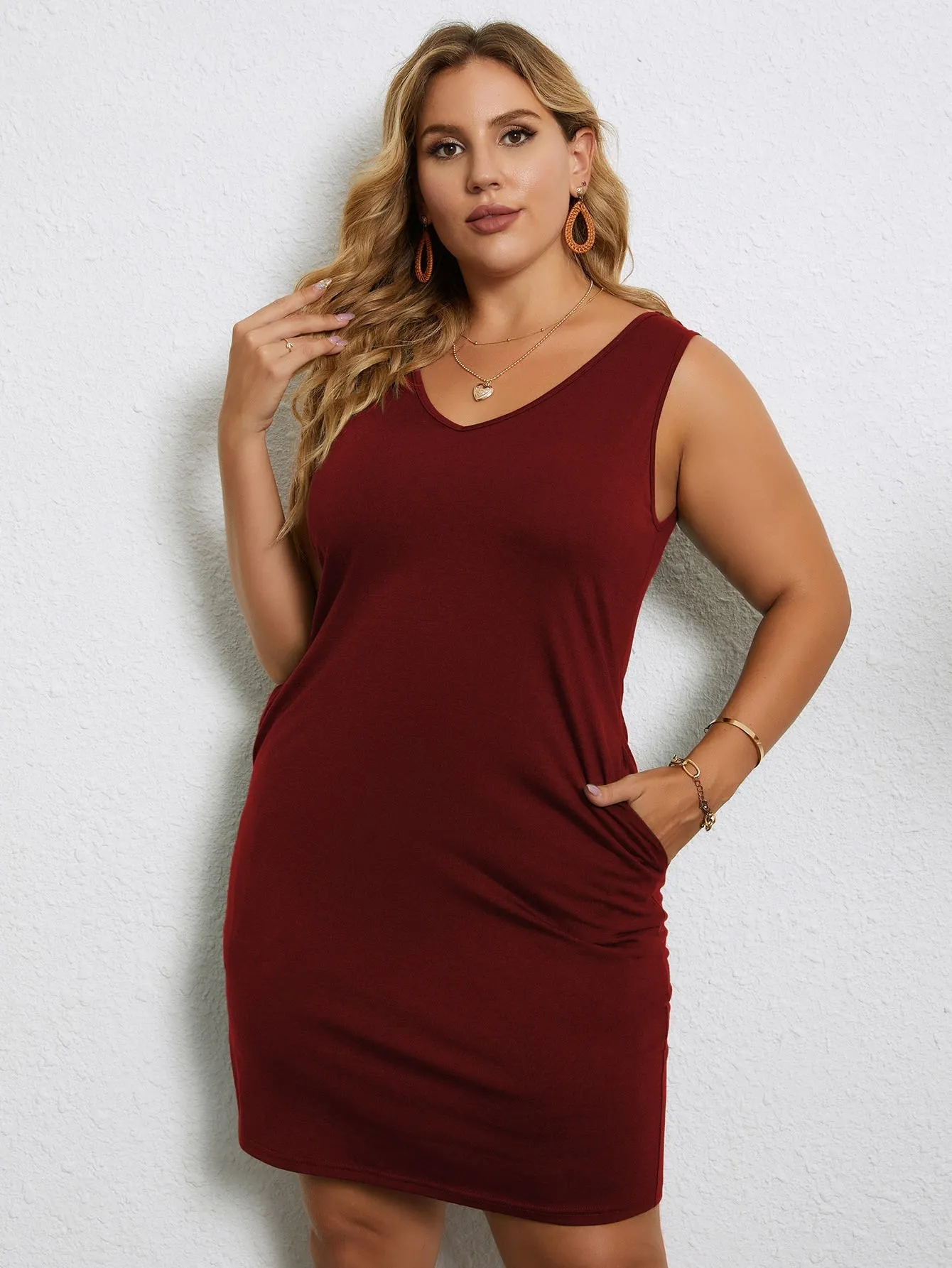 Casual Plain Backless Sleeveless V Neck Straight Knee Length Plus Size Dress