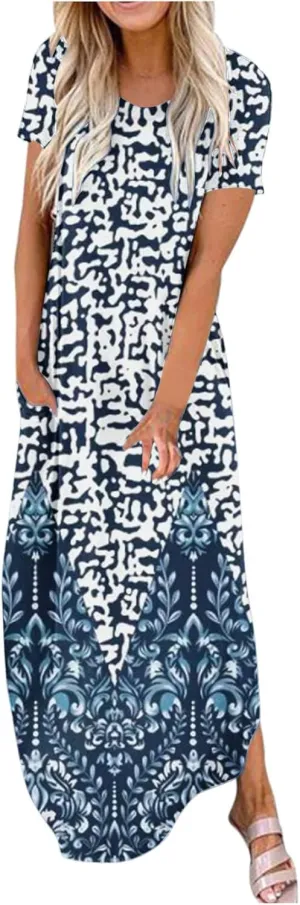 Ceboyel Women's Summer Casual Dresses Short Sleeve Maxi Dress Boho Floral Print Long Dresses Trendy Ladies Beach Outfits 2023