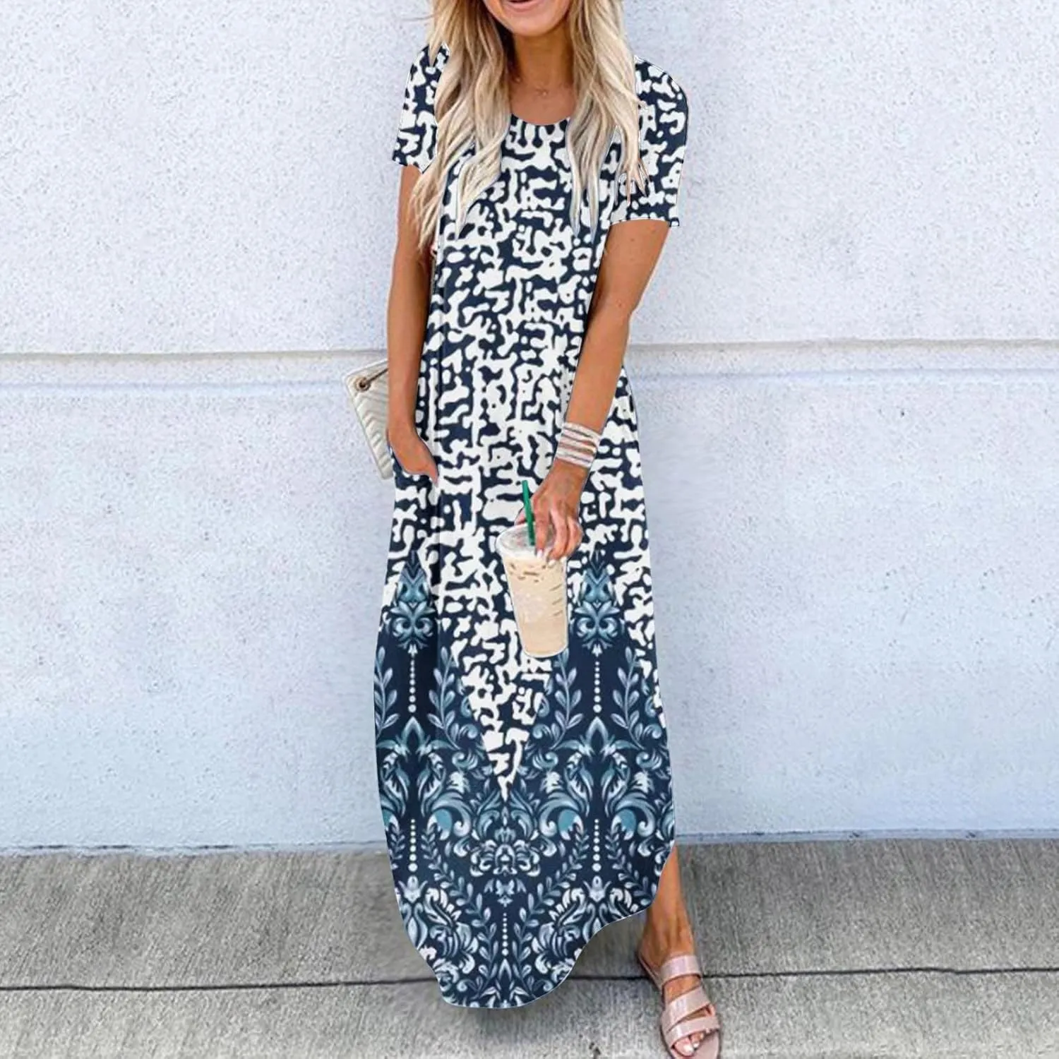 Ceboyel Women's Summer Casual Dresses Short Sleeve Maxi Dress Boho Floral Print Long Dresses Trendy Ladies Beach Outfits 2023