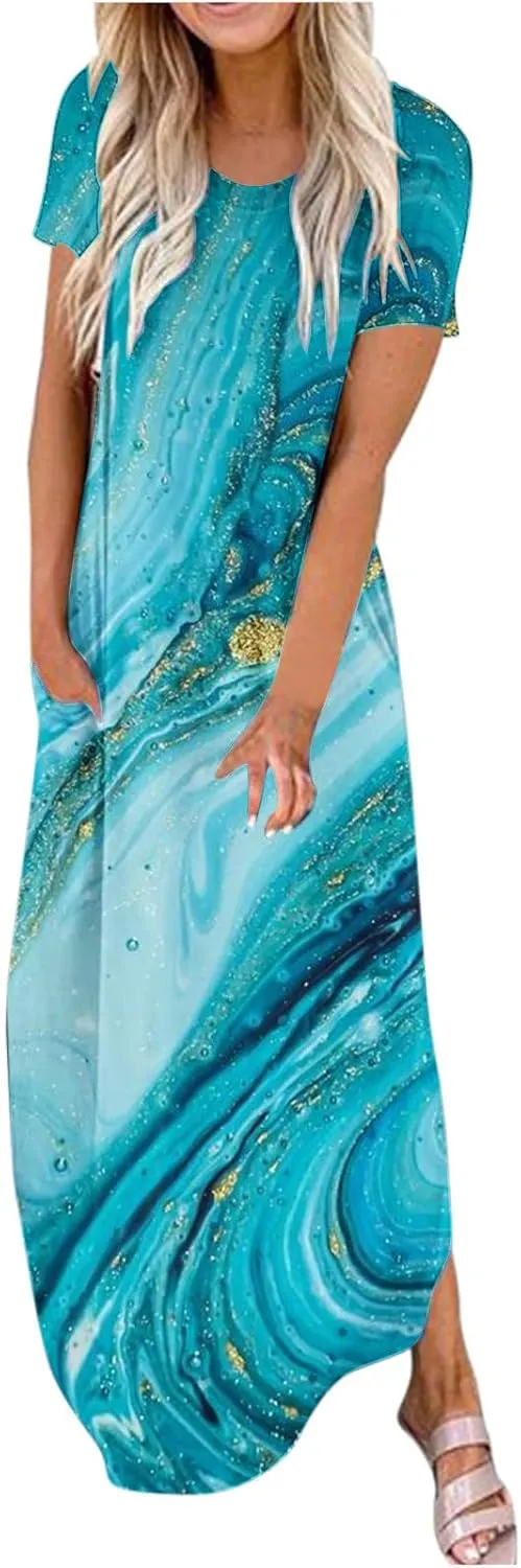 Ceboyel Women's Summer Casual Dresses Short Sleeve Maxi Dress Boho Floral Print Long Dresses Trendy Ladies Beach Outfits 2023
