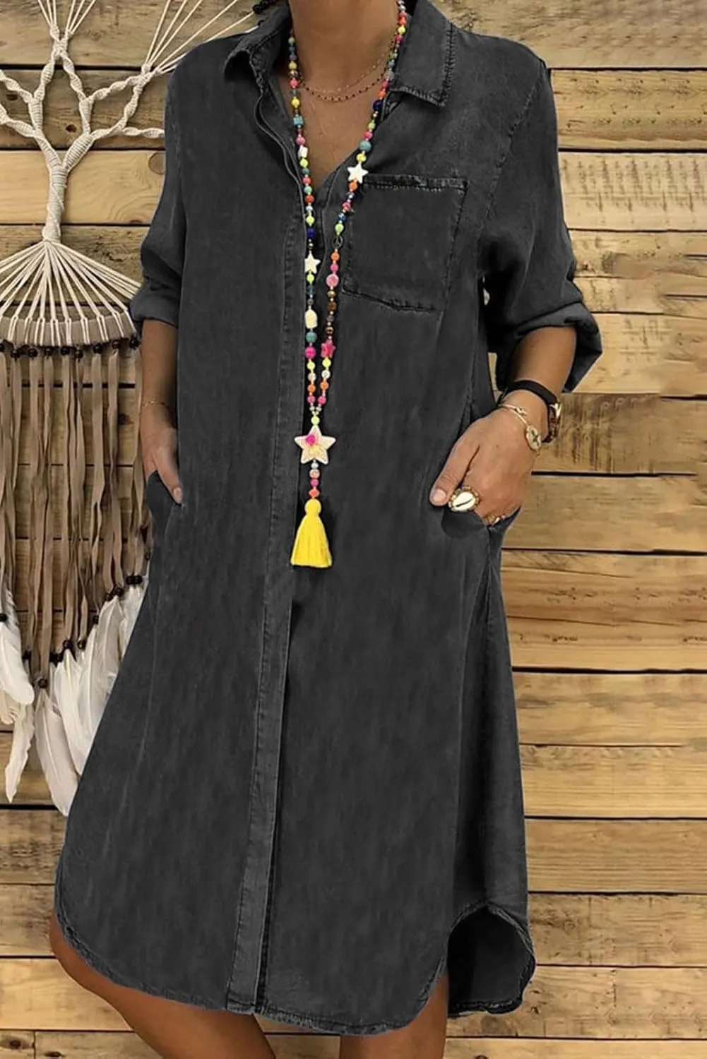 CHARTOU Women Long Sleeve Denim Button Up Shirt Dress Midi Jean Dress Flowy Tunic Shift Dress Flared A Line Dress