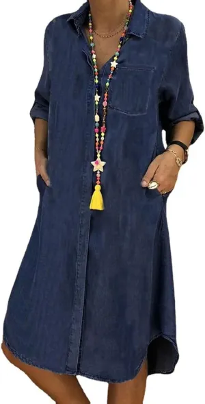 CHARTOU Women Long Sleeve Denim Button Up Shirt Dress Midi Jean Dress Flowy Tunic Shift Dress Flared A Line Dress