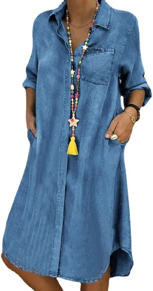 CHARTOU Women Long Sleeve Denim Button Up Shirt Dress Midi Jean Dress Flowy Tunic Shift Dress Flared A Line Dress