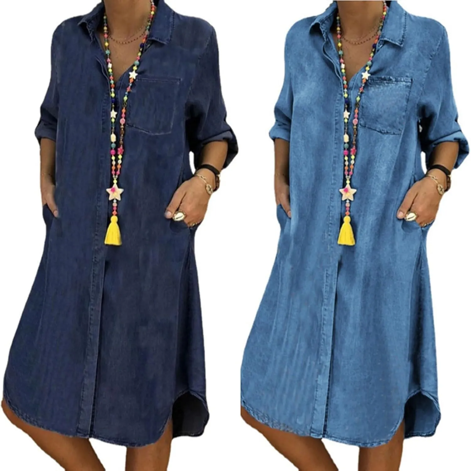 CHARTOU Women Long Sleeve Denim Button Up Shirt Dress Midi Jean Dress Flowy Tunic Shift Dress Flared A Line Dress