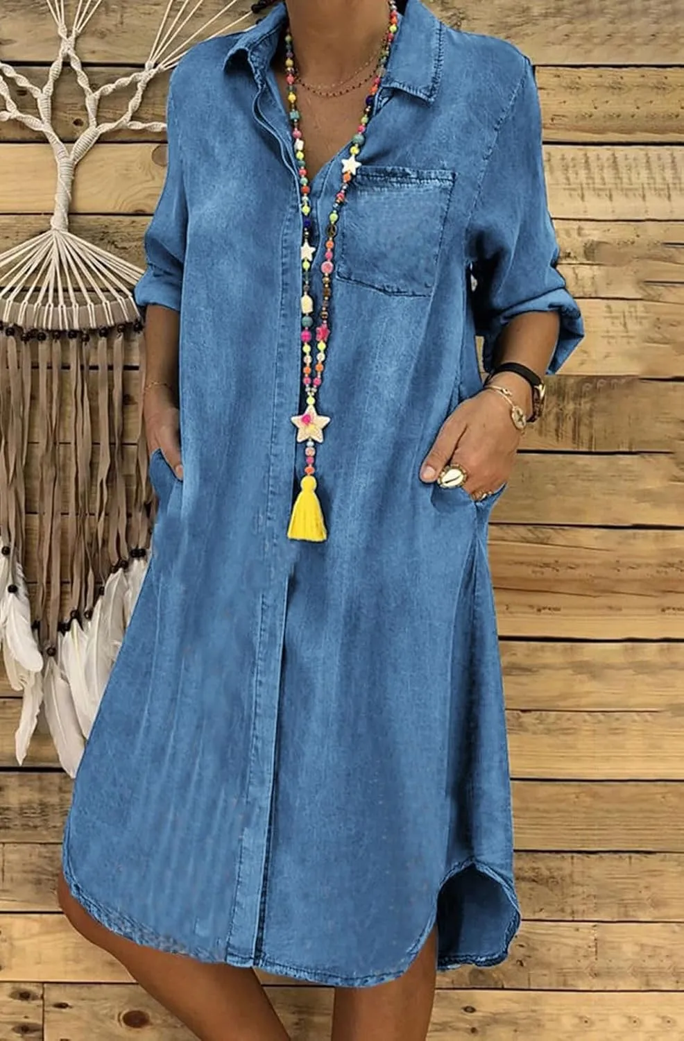 CHARTOU Women Long Sleeve Denim Button Up Shirt Dress Midi Jean Dress Flowy Tunic Shift Dress Flared A Line Dress