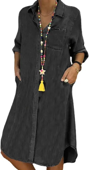 CHARTOU Women Long Sleeve Denim Button Up Shirt Dress Midi Jean Dress Flowy Tunic Shift Dress Flared A Line Dress