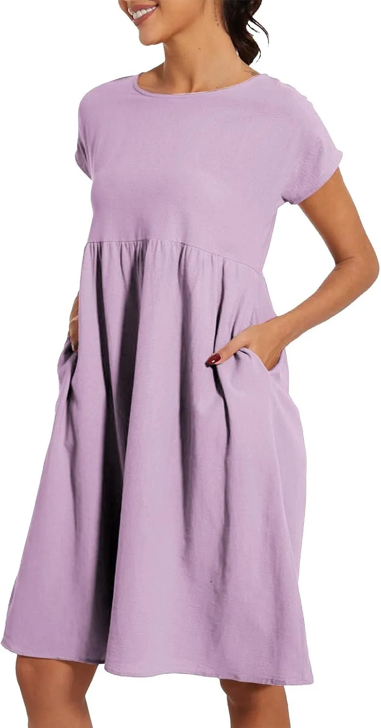 Cotton Dresses for Women 2025 Summer Short Sleeve Midi Dress Casual Loose Beach Dress with Pockets Vacation Outfits