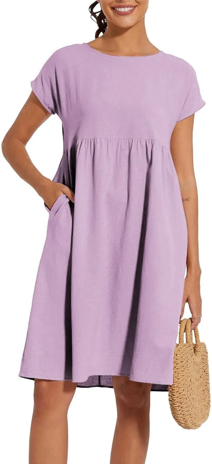 Cotton Dresses for Women 2025 Summer Short Sleeve Midi Dress Casual Loose Beach Dress with Pockets Vacation Outfits