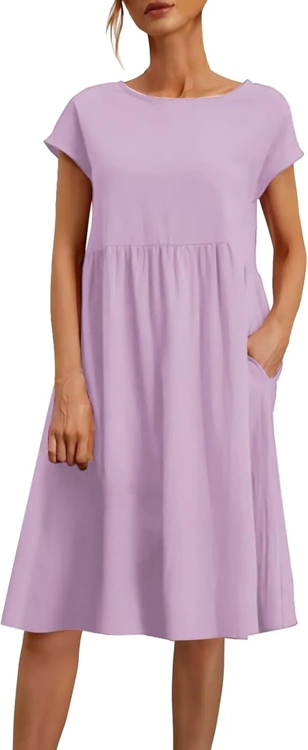Cotton Dresses for Women 2025 Summer Short Sleeve Midi Dress Casual Loose Beach Dress with Pockets Vacation Outfits