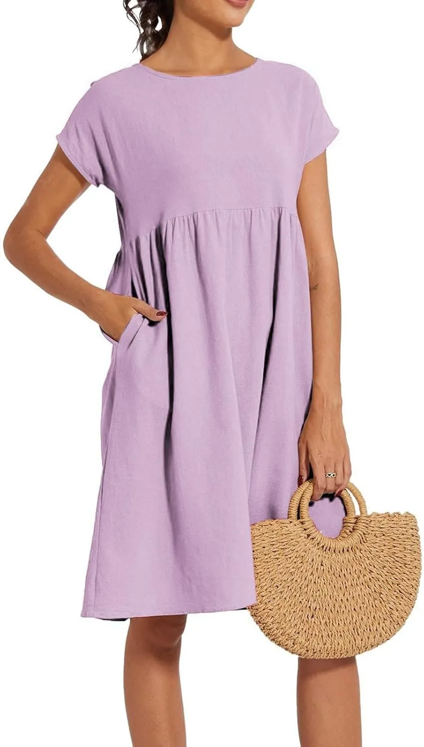 Cotton Dresses for Women 2025 Summer Short Sleeve Midi Dress Casual Loose Beach Dress with Pockets Vacation Outfits