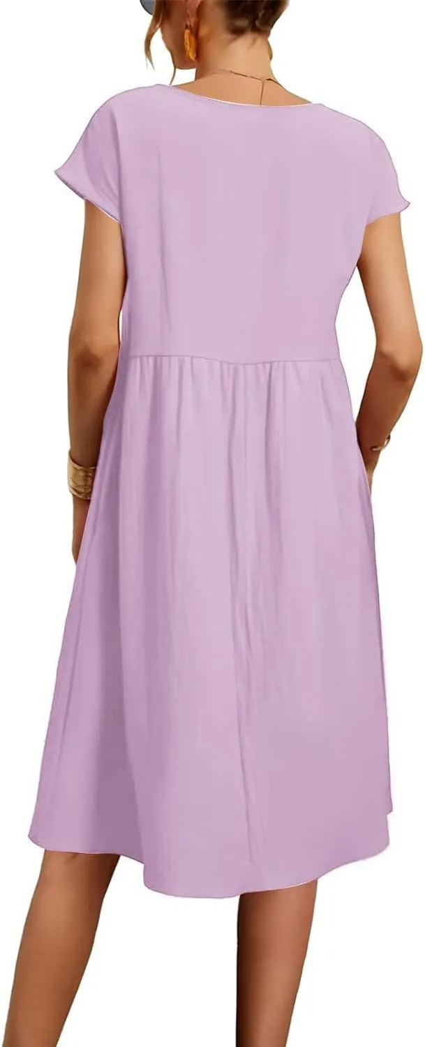 Cotton Dresses for Women 2025 Summer Short Sleeve Midi Dress Casual Loose Beach Dress with Pockets Vacation Outfits