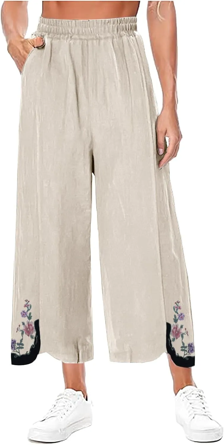 Cotton Linen Crop Pants for Women Elastic Waist Vintage Floral Embroidered Cropped Trousers Wide Leg Pants with Pockets