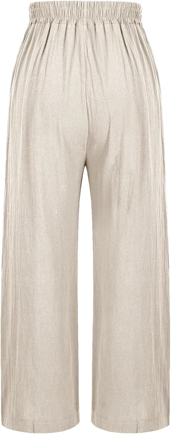 Cotton Linen Crop Pants for Women Elastic Waist Vintage Floral Embroidered Cropped Trousers Wide Leg Pants with Pockets