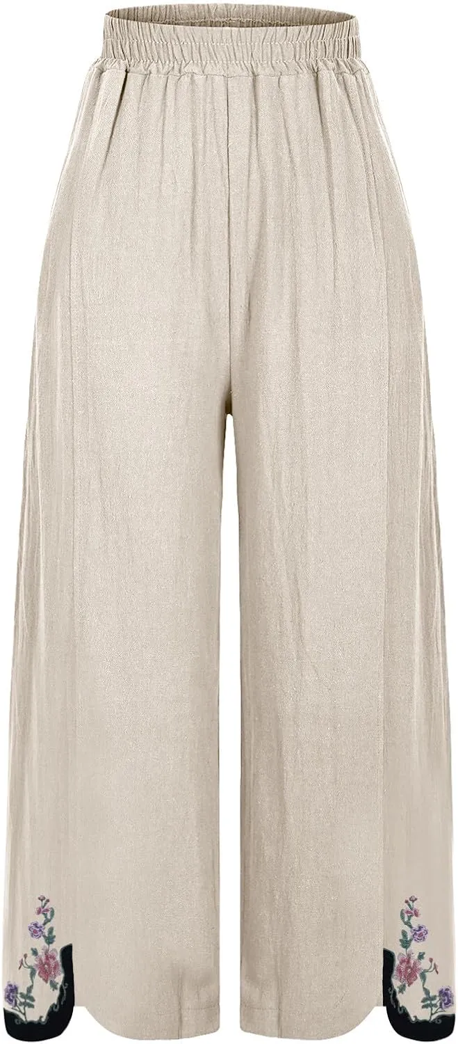 Cotton Linen Crop Pants for Women Elastic Waist Vintage Floral Embroidered Cropped Trousers Wide Leg Pants with Pockets