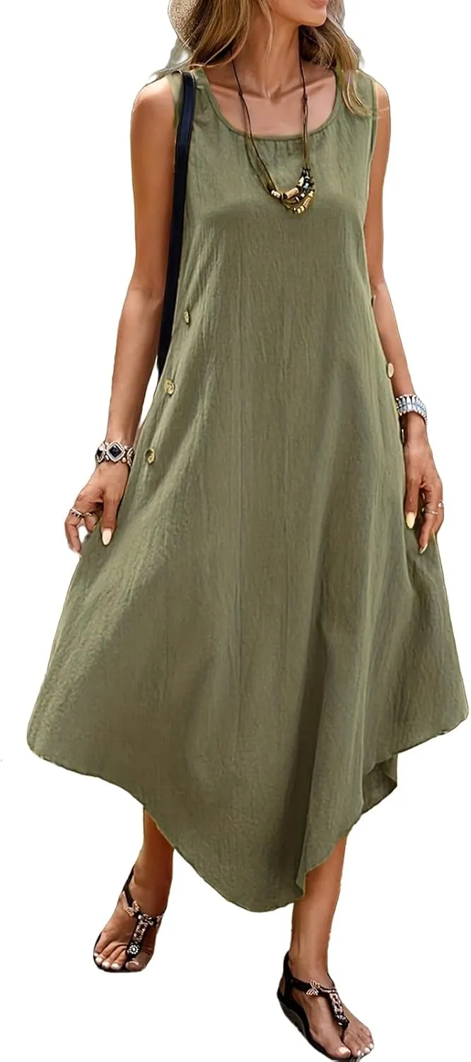 Cotton Linen Dress Women Summer Long Dresses Sleeveless Maxi Dress Flowy Casual Beach Plus Size Tank Tshirt Sundresses