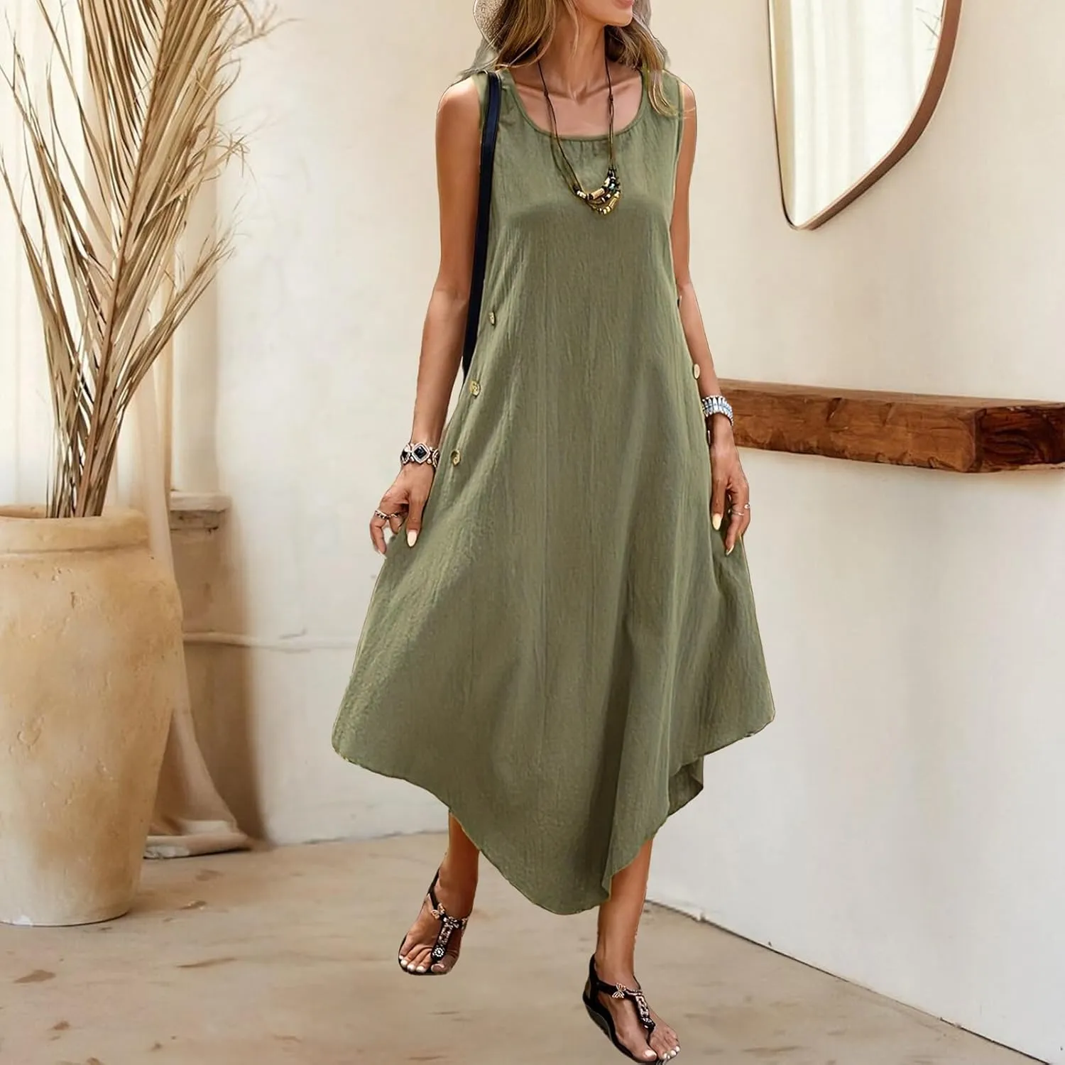 Cotton Linen Dress Women Summer Long Dresses Sleeveless Maxi Dress Flowy Casual Beach Plus Size Tank Tshirt Sundresses