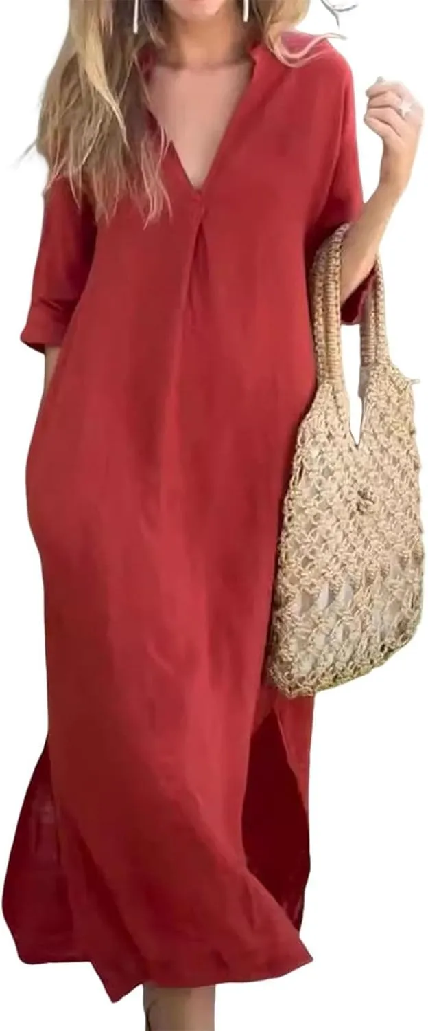 Cotton Linen Dress Women Summer Maxi Dresses V Neck Long Tshirt Dress V Neck Short Sleeve Side Slit A Line Sundress