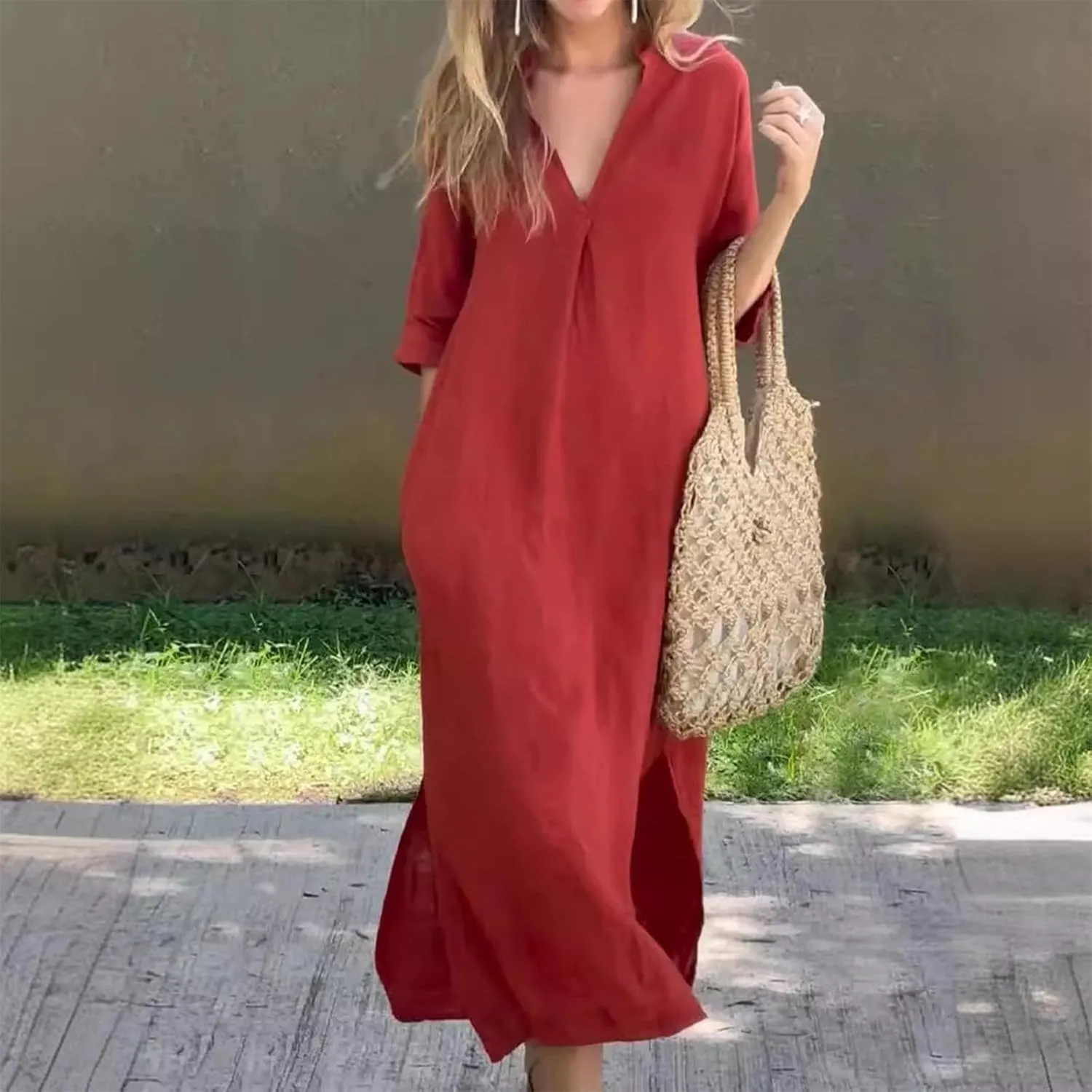 Cotton Linen Dress Women Summer Maxi Dresses V Neck Long Tshirt Dress V Neck Short Sleeve Side Slit A Line Sundress