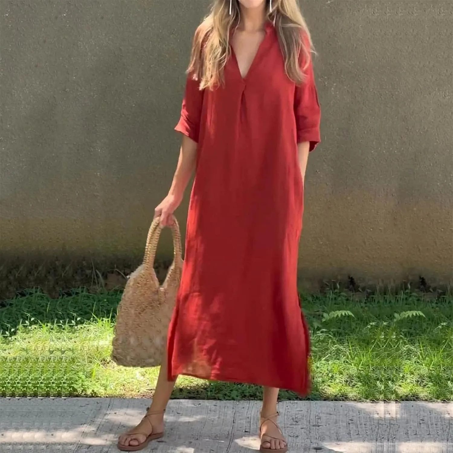 Cotton Linen Dress Women Summer Maxi Dresses V Neck Long Tshirt Dress V Neck Short Sleeve Side Slit A Line Sundress