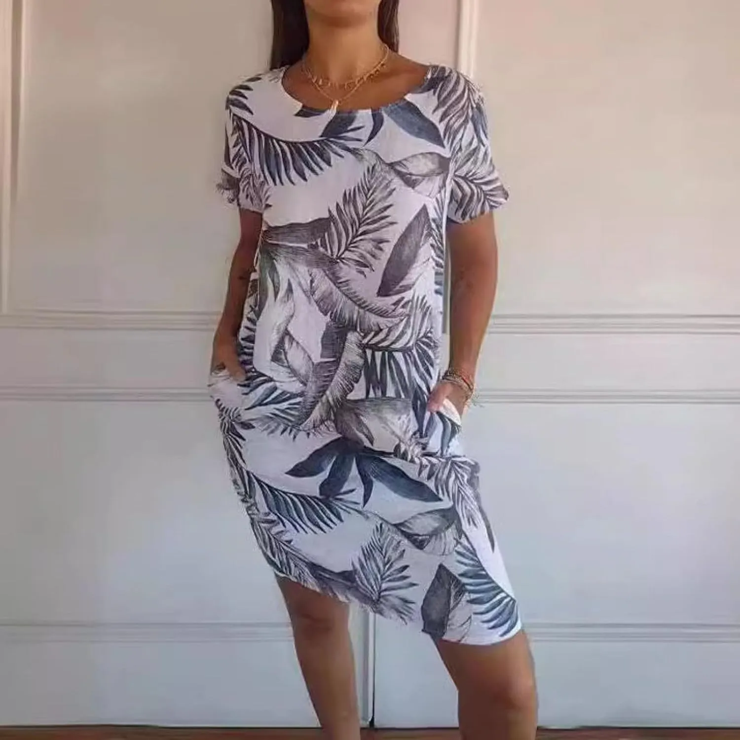 Cotton Linen Dresses for Women 2025 Summer Short Sleeve Round Neck Printed Midi Dress Casual Lounge Dress with Pocket