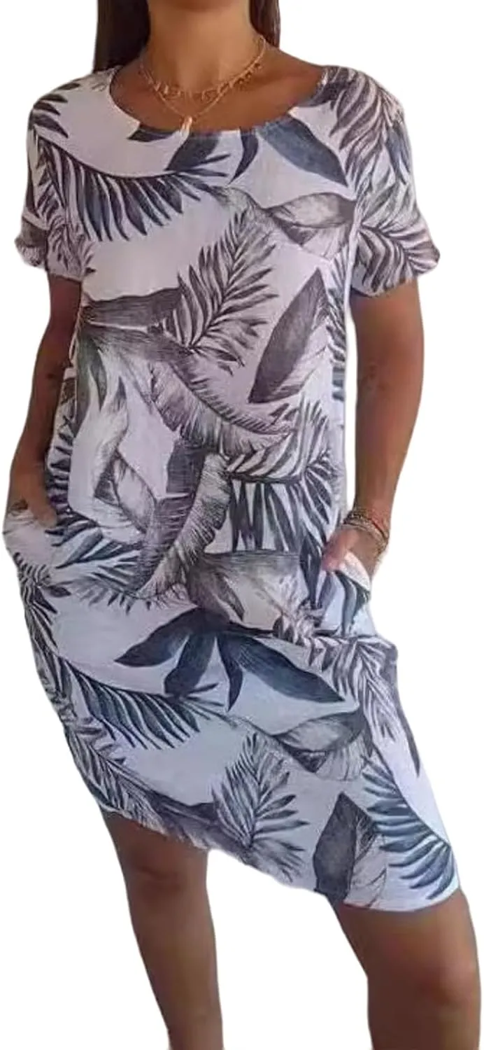 Cotton Linen Dresses for Women 2025 Summer Short Sleeve Round Neck Printed Midi Dress Casual Lounge Dress with Pocket