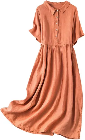 Cotton Linen Maxi Dresses for Women Summer Fashion Lapel Short Sleeve High Waist Beach Button Shirt Dress