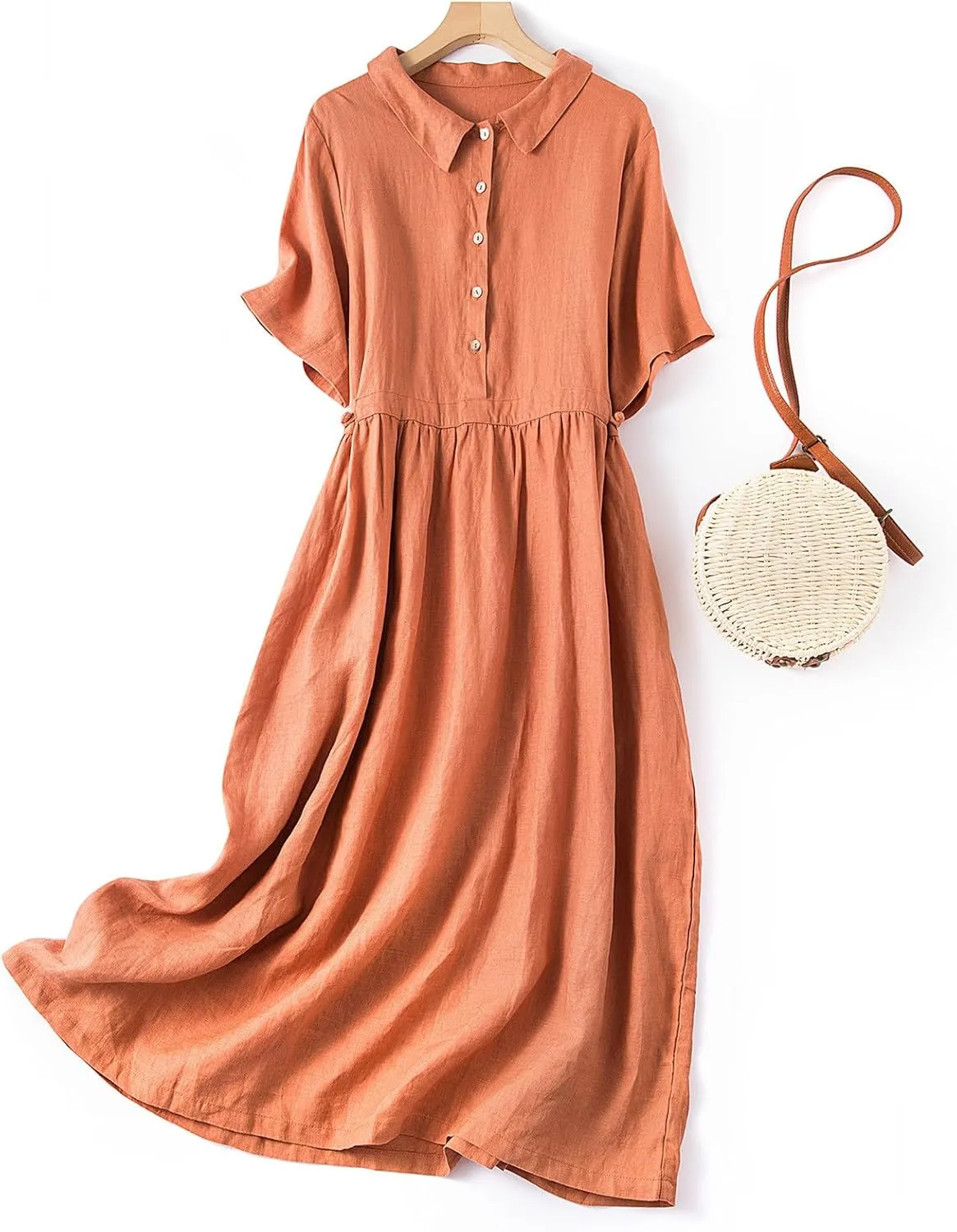 Cotton Linen Maxi Dresses for Women Summer Fashion Lapel Short Sleeve High Waist Beach Button Shirt Dress